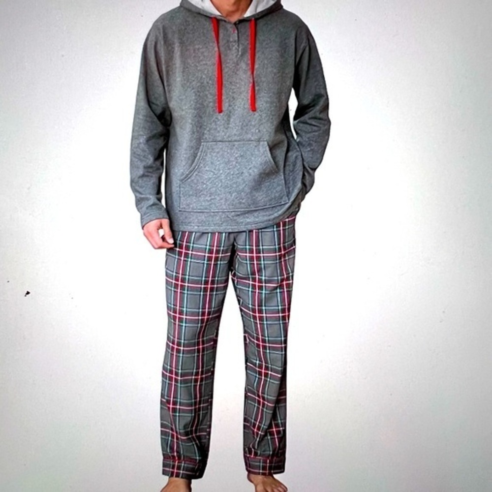 Pajamagram Grey Fleece Hoodie & Plaid Flannel Pants 2 Piece Set New Medium